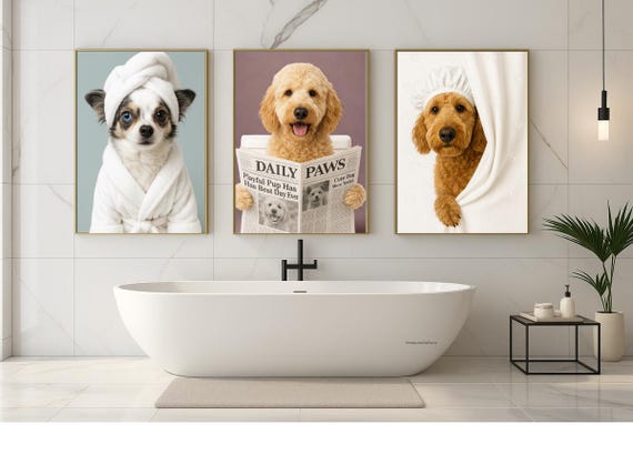 Dog Bathroom Art, Custom Pet Portrait, Dog Reading Newspaper on Toilet, Custom Dog Art Toilet, Funny Dog Bathroom Poster, Dog in Toilet