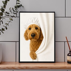 May include: Framed print featuring a golden doodle wearing a white shower cap and peeking out from behind a white curtain. The dog's paw is visible. The image is set against a white background with bubbles.