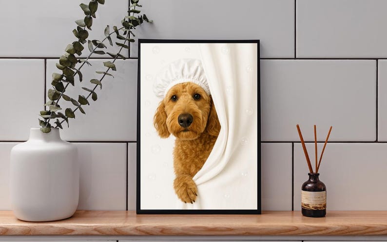 May include: Framed print featuring a golden doodle wearing a white shower cap and peeking out from behind a white curtain. The dog's paw is visible. The image is set against a white background with bubbles.