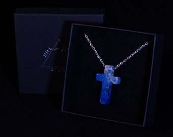 Handmade cross necklace, Lapis Lazuli stone, christian cross pendant