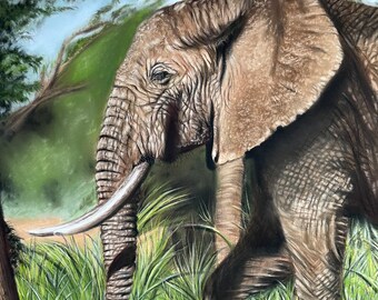 Graceful Elephant in African Safari: Hand-Painted Nature Scene ~ Original Art ~ Pastel Art ~ Fine Art