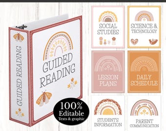 May include: A set of classroom binder covers with a neutral boho rainbow theme. The binders feature text such as "Guided Reading", "Social Studies", and "Lesson Plans". The design includes rainbows, butterflies, and floral elements. The text "100% Editable" is also visible.