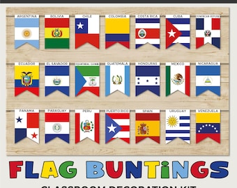 Mes de la Herencia Hispana, Banderas de países hispanos, Banderines con banderas de países hispanos, Pancarta con banderas latinas, Decoración para el aula del Mes de la Hispanidad