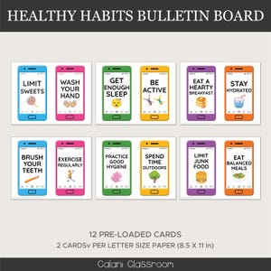 May include: A bulletin board with the text "HEALTHY HABITS BULLETIN BOARD" at the top. The board features 12 cards with healthy habit reminders displayed as smartphone screens. Each card has a different habit, such as "Limit Sweets" and "Eat Balanced Meals".