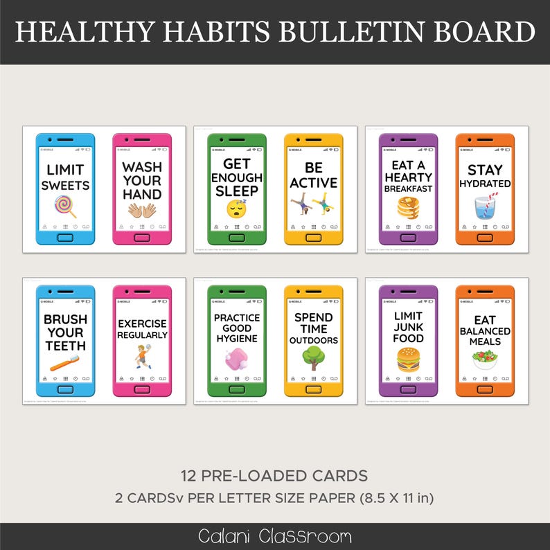 May include: A bulletin board with the text "HEALTHY HABITS BULLETIN BOARD" at the top. The board features 12 cards with healthy habit reminders displayed as smartphone screens. Each card has a different habit, such as "Limit Sweets" and "Eat Balanced Meals".