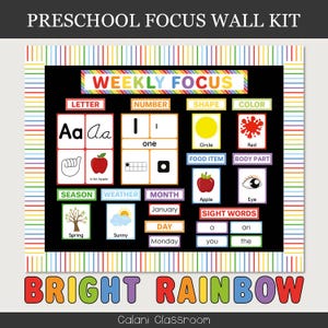 Preschool Focus Wall Template, Preschool Learning Wall, Classroom Circle Time Board, Rainbow Daycare Decor, Early Learning, Daycare Board