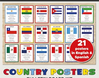 May include: A bulletin board kit with country posters for Hispanic Heritage Month. The kit includes 21 posters in English and Spanish, featuring flags and information about various countries. The posters are arranged on a wooden background.
