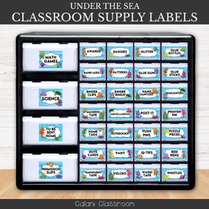 May include: A black storage unit with labeled drawers for classroom supplies. Each label features an "Under the Sea" theme with illustrations of sea creatures. Labels include "Math Games," "Science," and "Permission Slips."