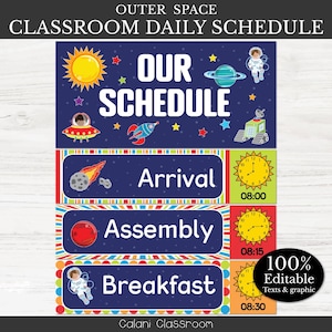May include: A classroom daily schedule with an outer space theme. The schedule includes the text "Our Schedule", "Arrival", "Assembly", and "Breakfast". The design features illustrations of planets, rockets, and astronauts. The time is displayed on a yellow clock.