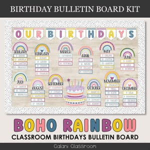 Birthday Board Classroom Decor, Rainbow Classroom Theme, Editable Classroom Birthday Board, Boho Bulletin Board, Student Birthday Board