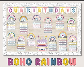 Tablón de anuncios de cumpleaños para decorar el aula con un brillante tema bohemio arcoíris (Editable - Descarga digital)