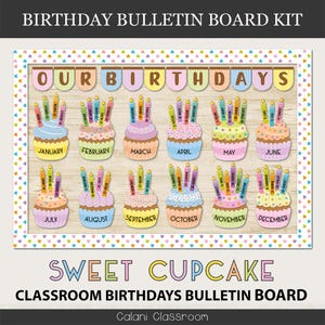 Decoración de aula con tablero de cumpleaños, tema de cupcakes para el aula, tablero editable de cumpleaños para estudiantes, tablero de anuncios de cupcakes, pared de cumpleaños para estudiantes