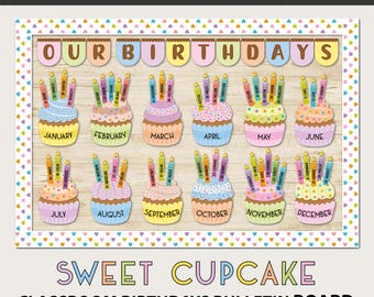 Tablón de anuncios de cumpleaños para decorar el aula con temática de cupcakes (Editable - Descarga digital)