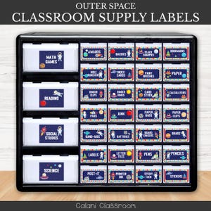 May include: A black storage unit with labeled drawers for classroom supplies. Labels include "Math Games," "Reading," "Social Studies," and "Science." Other labels include "Awards," "Bagggies," "Black Sharpies," and "Bookmarks."