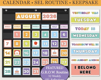 Pastel Calendar Display and Affirmation Cards | SEL Reflection Routine with Growth Journal | End of Year Keepsake | Digital Download