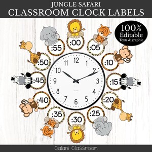 Può includere: Un orologio da classe con etichette a tema animali della giungla. Il quadrante dell'orologio è bianco con lancette nere e una cornice nera. Ogni numero è rappresentato da un animale diverso. Le etichette sono modificabili.
