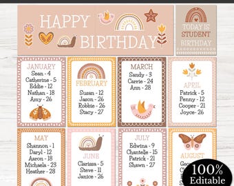 Tablero de cumpleaños para decoración de aula con temática boho arcoíris (Editable - Descarga digital)