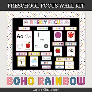 Preschool Focus Wall Template, Preschool Learning Wall, Classroom Circle Time Board, Boho Rainbow Classroom, Early Learning, Daycare Board