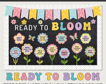 Kit per la bacheca di preparazione ai test / Decorazioni primaverili per l'aula "Pronti a sbocciare" / Carte motivazionali per il giorno del test / Download digitale modificabile
