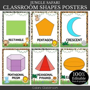 May include: Classroom shapes posters with a jungle safari theme. Each poster features a different shape, including a rectangle, pentagon, crescent, pentagonal prism, and hexagonal pyramid. The posters have a white background with animal illustrations and text.