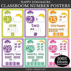May include: Set of six classroom number posters featuring dinosaur hatching from eggs, with numbers 1, 2, 13, 22, 29, and 30. Each poster includes the number, word form, tally marks, and visual representations of the number.