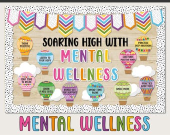 Mental Health Bulletin Board Kit, Mental Wellness Habits, Classroom Bulletin Board, Office Decor, Therapist Decor, Hot Air Balloons Decor