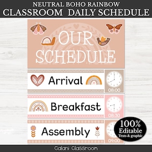 Classroom Schedule Cards with Clock, Boho Rainbow Classroom, Editable Boho Class Schedule, Classroom Daily Schedule, Classroom Management