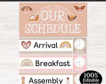 Classroom Schedule Cards with Clock, Boho Rainbow Classroom, Editable Boho Class Schedule, Classroom Daily Schedule, Classroom Management