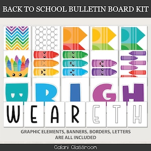 May include: A vibrant back-to-school bulletin board kit with diverse graphic elements. Includes banners, borders, and letters spelling "WE ARE BRIGHT". Features crayon illustrations and a chevron pattern. Text: "GRAPHIC ELEMENTS, BANNERS, BORDERS, LETTERS ARE ALL INCLUDED".