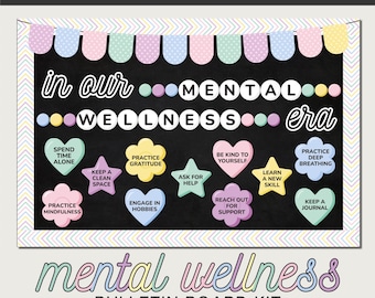 Op de afbeelding: Een mental wellness prikbordkit met een zwarte achtergrond en kleurrijke tekst en vormen. De woorden "in our mental wellness era" worden weergegeven. Bevat tips zoals "tijd alleen doorbrengen" en "dankbaarheid beoefenen".