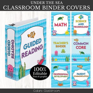 Könnte beinhalten: Klassenzimmer-Ordner mit dem Thema "Unter dem Meer". Die Ordner zeigen ein blaues Wellenmuster mit Meeresbewohnern und den Worten "Guided Reading". Zusätzliche Umschläge sind "Math", "Science and Technology", "Teacher's Binder" usw. Der Text ist zu 100 % editierbar.