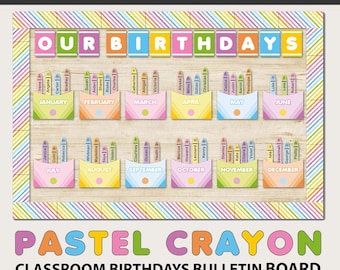 Birthday Bulletin Board For Classroom Decor in Crayon Theme (Editable - Digital Download)