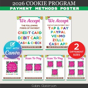 Può includere: Un set di poster per il Programma Biscotti 2026, che mostra i metodi di pagamento. Include opzioni per carta di credito, carta di debito, contanti e pagamenti contactless come Tap & Pay, PayPal, Venmo, Zelle e Cash App. Con codici QR.