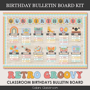Birthday Board Classroom Decor, Retro Groovy Classroom Theme, Editable Student Birthday Wall, Groovy Bulletin Board, Student Birthday Board