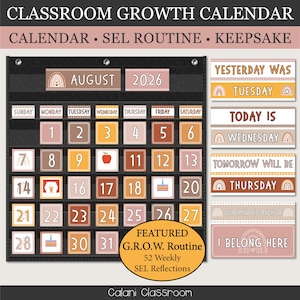 May include: A classroom growth calendar featuring a black pocket chart with cards for August 2026, numbered days, and daily routine labels. The set includes cards for yesterday, today, and tomorrow, plus a mindset anchor card labeled I BELONG HERE.