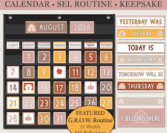 Boho Calendar Display and Affirmation Cards | SEL Reflection Routine with Growth Journal | End of Year Keepsake | Digital Download