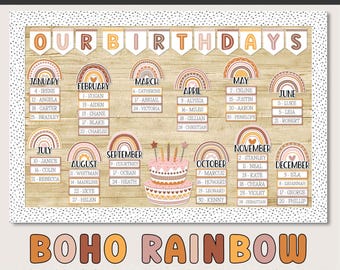 Tablón de anuncios de cumpleaños para decoración del aula con temática boho arcoíris (Editable - Descarga digital)