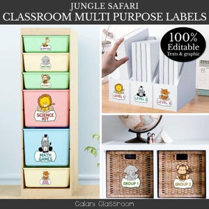 May include: Classroom multi-purpose labels with a jungle safari theme. The image shows labels for supplies, writing, phonics, science kit, math games, and spare papers. There are also labels for level 1, 2, and 3, and group 1 and 2.