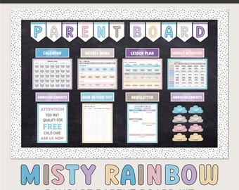 Infobord voor ouders: Afdrukbaar prikbord voor kinderopvang in het thema Misty Rainbow