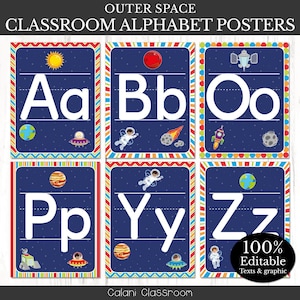 Póster del alfabeto para decorar el aula, aula del espacio exterior, póster editable del ABC, póster del alfabeto del sistema solar, póster de guardería