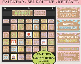 Kraft Pastel Calendar Display and Affirmation Cards | SEL Reflection Routine with Growth Journal | End of Year Keepsake | Digital Download
