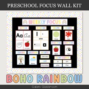 Preschool Focus Wall Template, Preschool Learning Wall, Classroom Circle Time Board, Boho Rainbow Classroom, Early Learning, Daycare Board