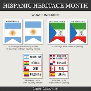 May include: A graphic for Hispanic Heritage Month includes bunting and display cards with flags and country names. The image includes the flags of Argentina, Bolivia, Chile, Colombia, Dominican Republic, Panama, Peru, and Spain.