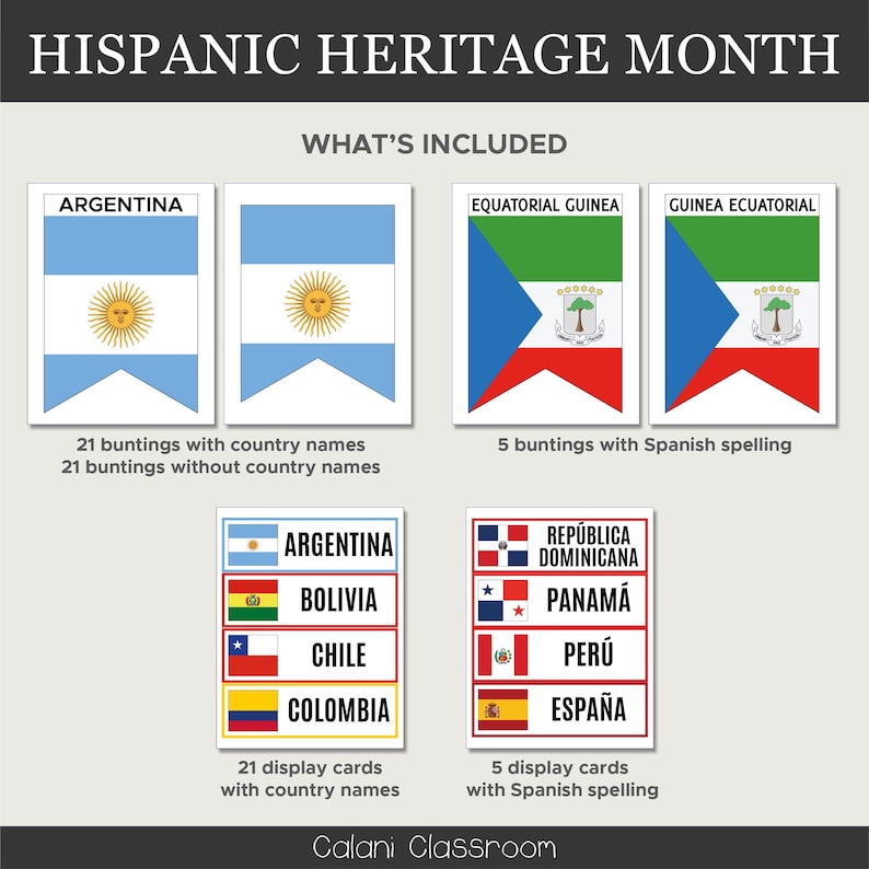 May include: A graphic for Hispanic Heritage Month includes bunting and display cards with flags and country names. The image includes the flags of Argentina, Bolivia, Chile, Colombia, Dominican Republic, Panama, Peru, and Spain.