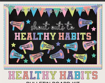 Healthy Habits Bulletin Board Kit, Nurse Office Decor in Varsity Megaphone Design - Printable Kit