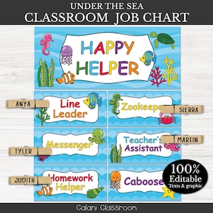 May include: A classroom job chart with an "Under the Sea" theme. The chart features various job titles like "Happy Helper" and "Line Leader," each accompanied by colorful sea creature illustrations. Includes editable text and graphics.