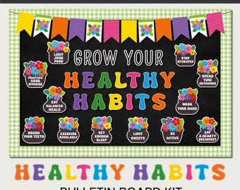 Healthy Habits Bulletin Board in Spring Flower Theme, Nurse Office Decor, Editable Digital Download