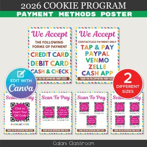 Può includere: Un set di poster colorati per il Programma Biscotti 2026, che mostra i metodi di pagamento. Il poster include cartelli "Accettiamo" che elencano le opzioni di pagamento come carta di credito, carta di debito e contanti. Include codici QR.