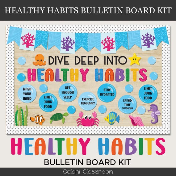 Healthy Habits Bulletin Board Kit, Healthy Habits School, Classroom Bulletin Board, Office Decor, Nurse Office Decor, Under The Sea Decor