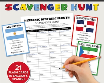 May include: A Hispanic Heritage Month Scavenger Hunt game with flashcards and a worksheet. The game includes flashcards with flags and information about countries. The text on the flashcards includes the country's continent, capital city, and currency.